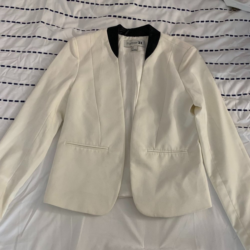 White Blazer with Black Faux Leather Collar